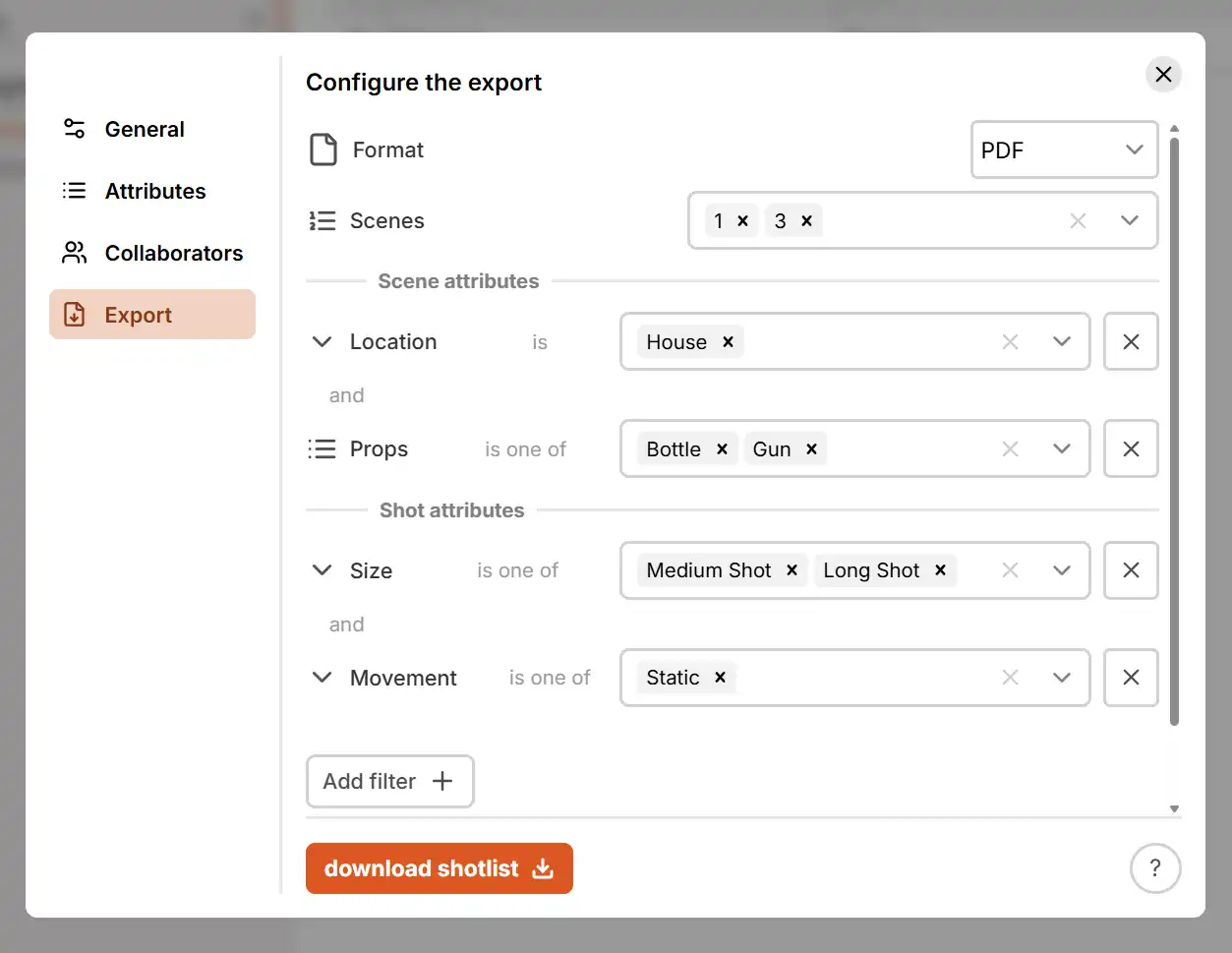 The Export Dialog with all the filters added